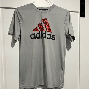 Adidas Men's Short Sleeve Athletic  Gray Tee with Red and Black Logo